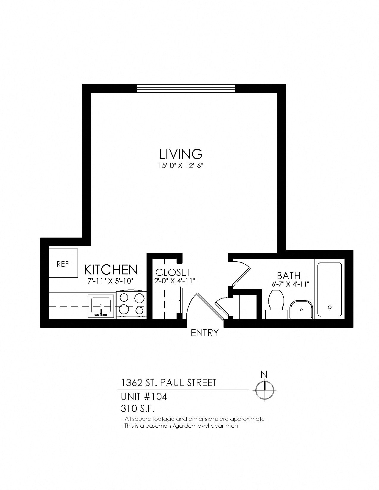 Floor plan for studio, 1 bath, 315 sqft